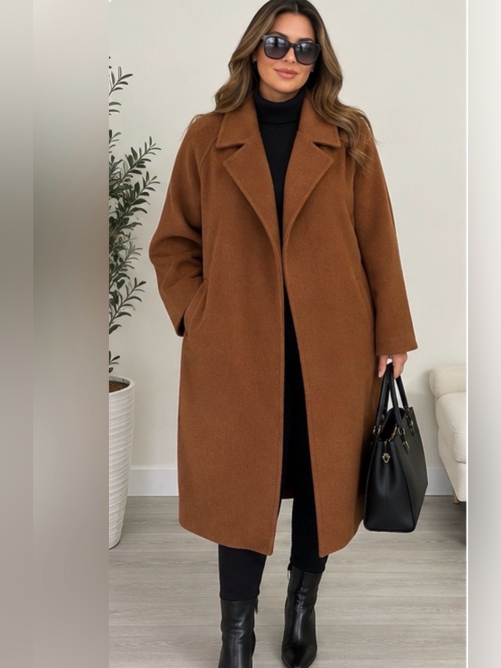 Melanie Lyne Laura Plus Wool Blend Long Coat Brown Size 24